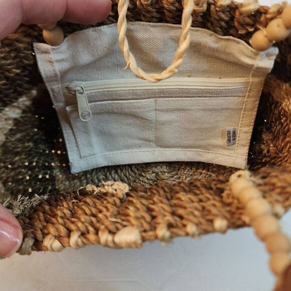 Nine West Womens Tan & Brown Color Block Straw Beaded Double Handle Tote Bag - Picture 2 of 9